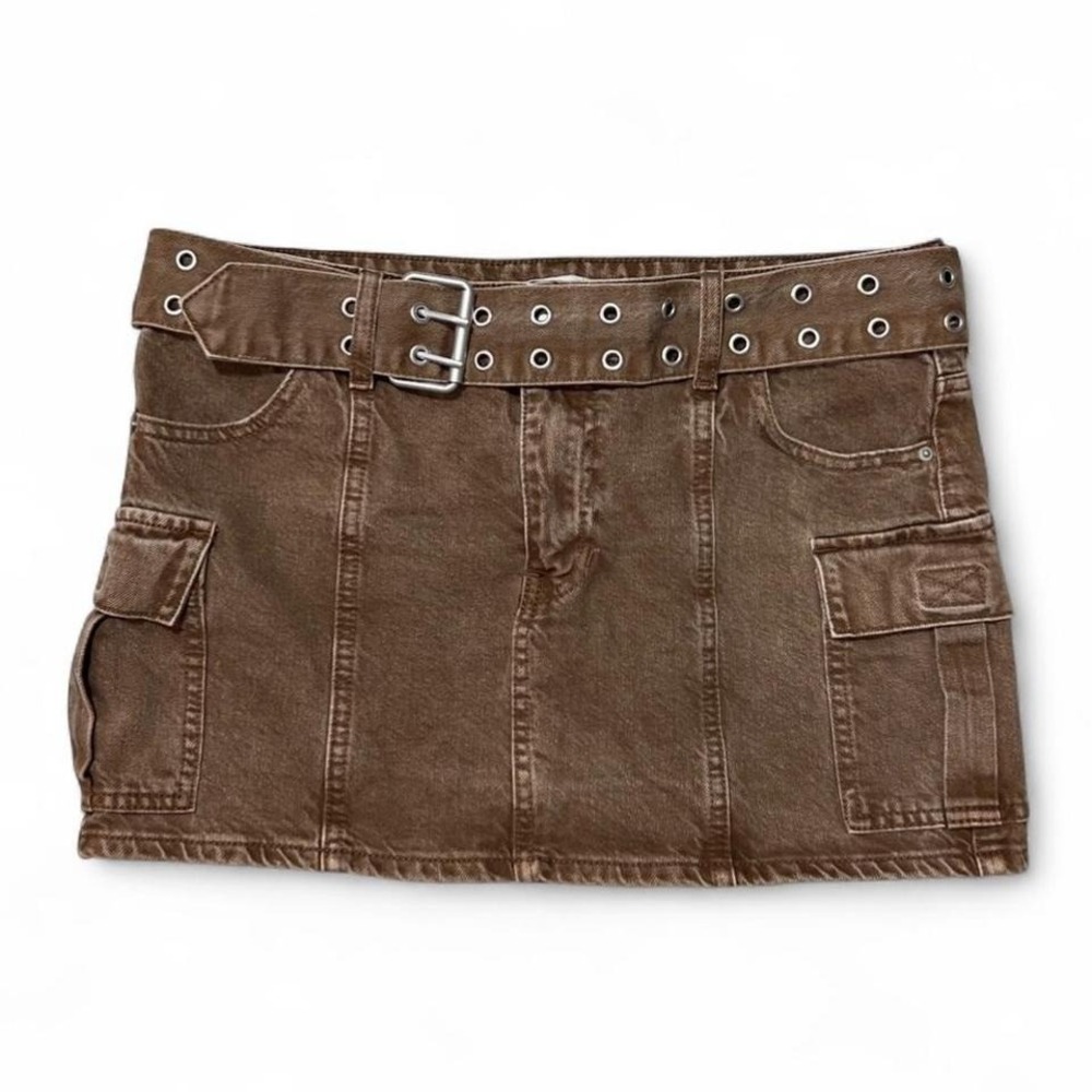 Pacsun Brown‎ Denim Mini Skirt Size 28 Cargo Belt Boho Festival Grunge